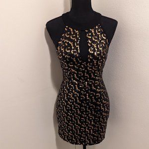 A'GACI  Black/Gold Sequin Front Peephole Mini Dress